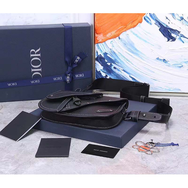 Dior Unisex CD Saddle Pouch Black Grained Calfskin Leather
