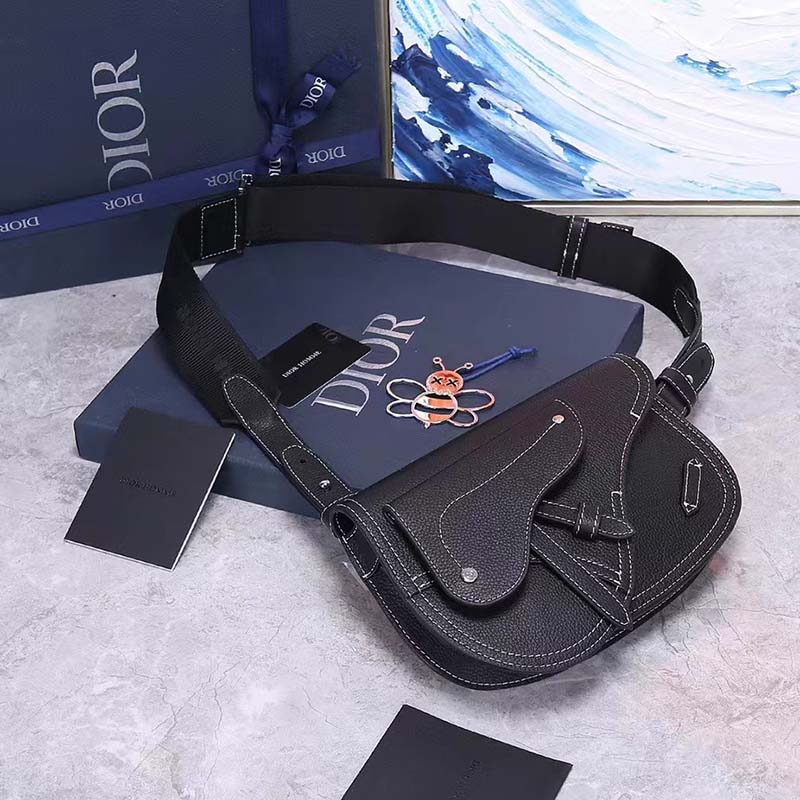 Dior Unisex CD Saddle Pouch Black Grained Calfskin Leather