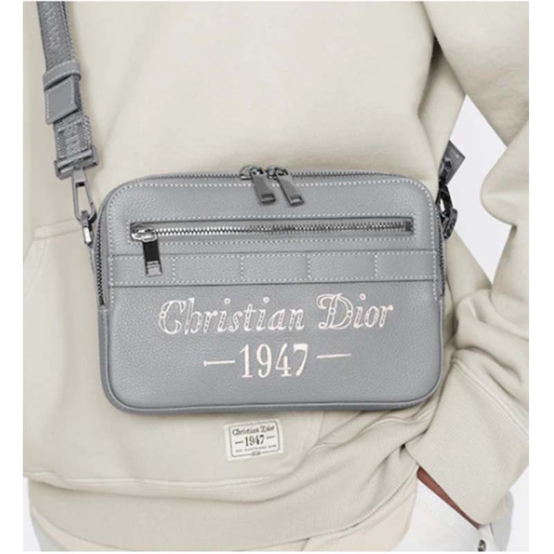 Dior Unisex CD Safari Messenger Bag Gray Grained Calfskin ‘Christian Dior 1947’ Signature