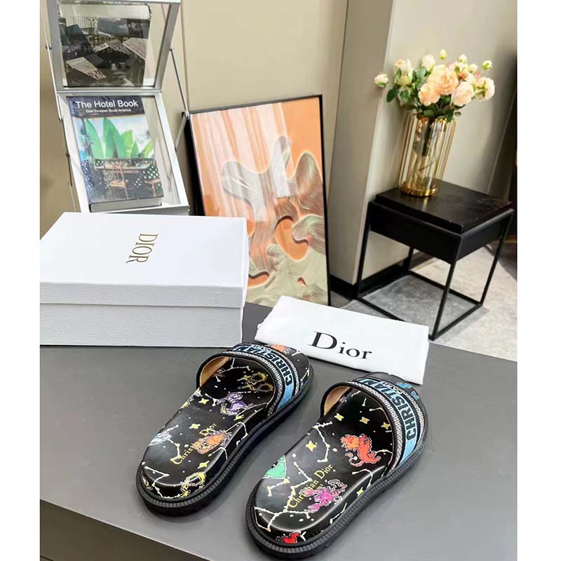 Dior Unisex Dway Slide Black Multicolor Embroidered Cotton Dior Pixel Zodiac Motif