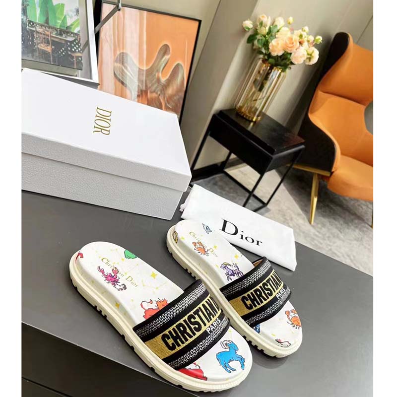Dior Unisex Dway Slide White Multicolor Embroidered Cotton Dior Pixel Zodiac Motif