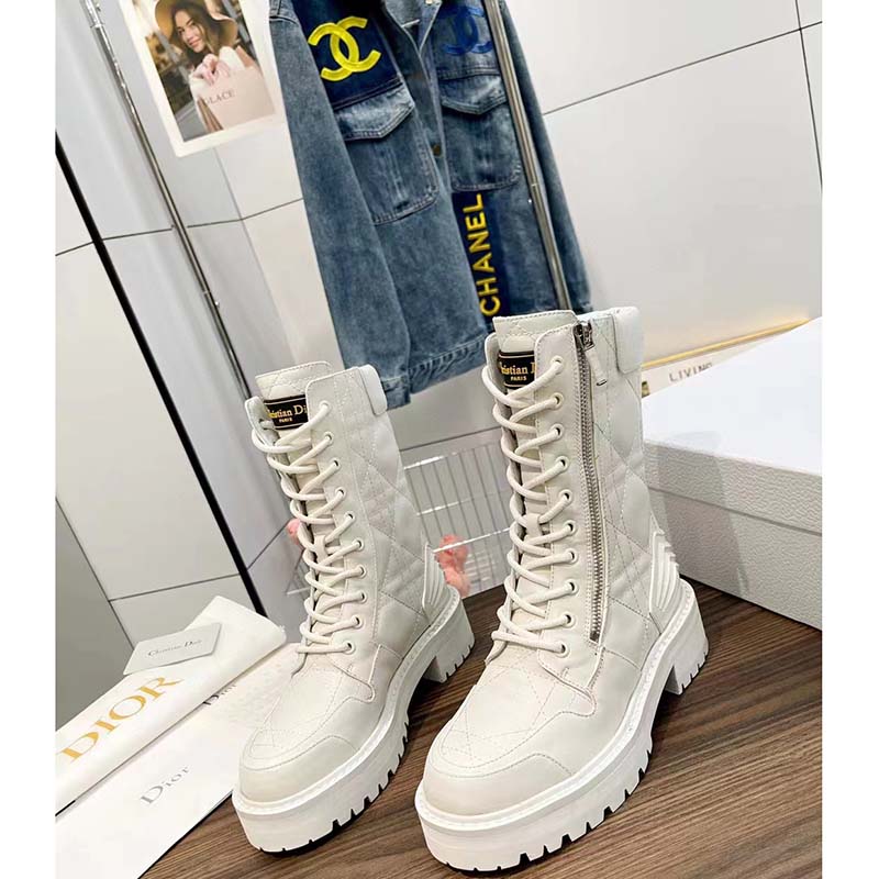 Dior Women CD D-Leader Ankle Boot White Quilted Cannage Calfskin