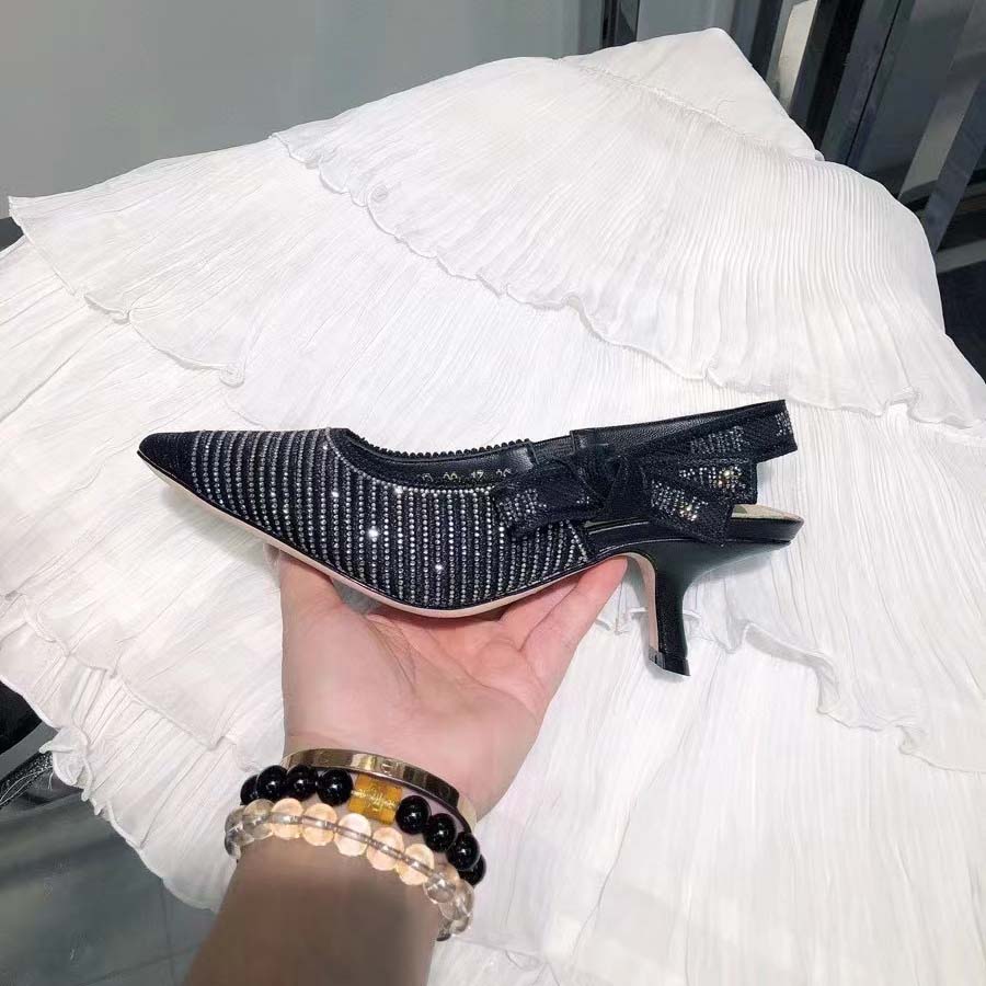 Dior Women CD J’Adior Slingback Pump Black Cotton Embroidered Silver-Tone Strass