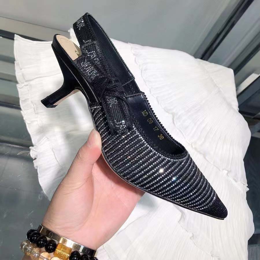 Dior Women CD J’Adior Slingback Pump Black Cotton Embroidered Silver-Tone Strass