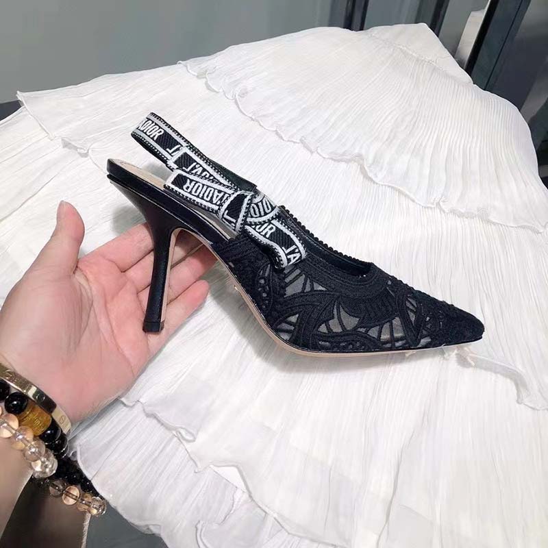Dior Women CD J’Adior Slingback Pump Black Macramé Embroidered Cotton