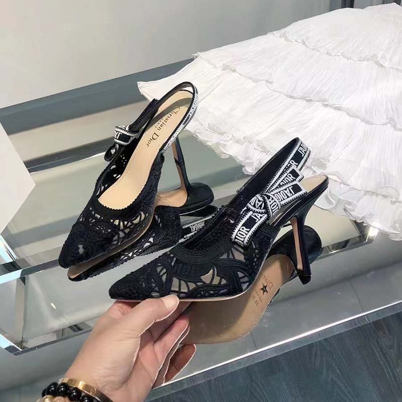 Dior Women CD J’Adior Slingback Pump Black Macramé Embroidered Cotton