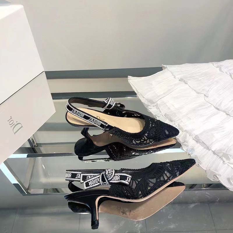 Dior Women CD J’Adior Slingback Pump Black Macramé Embroidered Cotton 6.5 Cm Heel