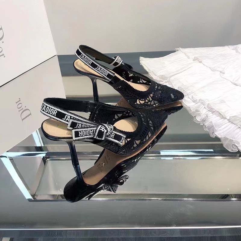 Dior Women CD J’Adior Slingback Pump Black Macramé Embroidered Cotton