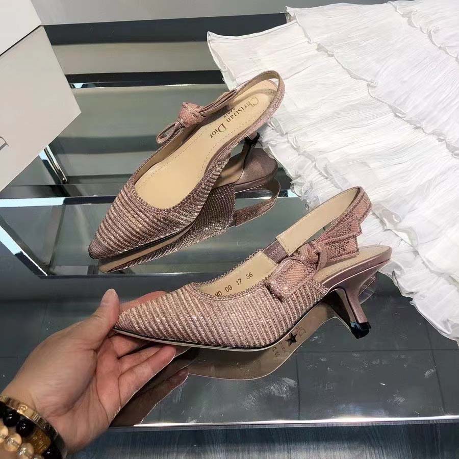 Dior Women CD J’Adior Slingback Pump Gold-Tone Cotton Embroidered Metallic Thread Strass