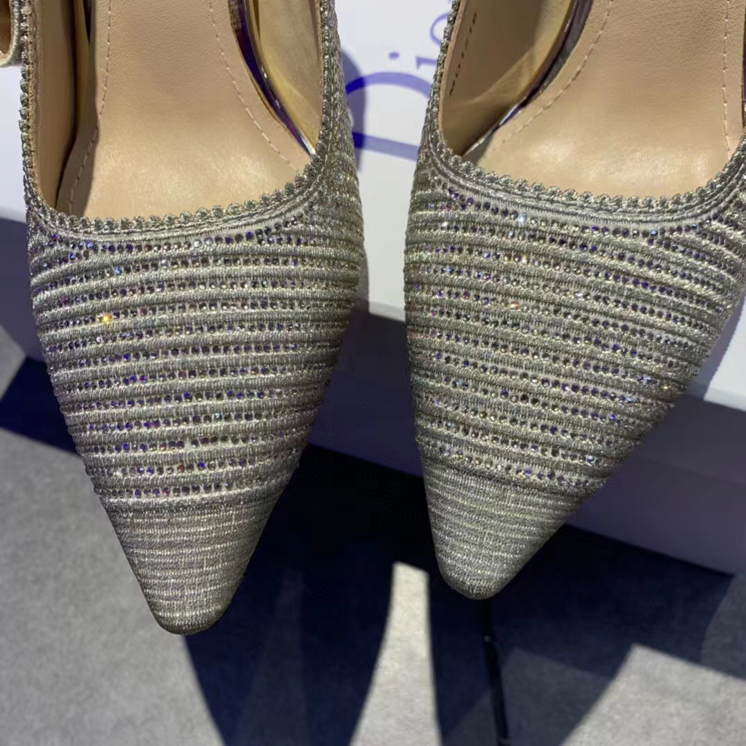 Dior Women CD J’Adior Slingback Pump White Cotton Embroidered Silver Tone Strass