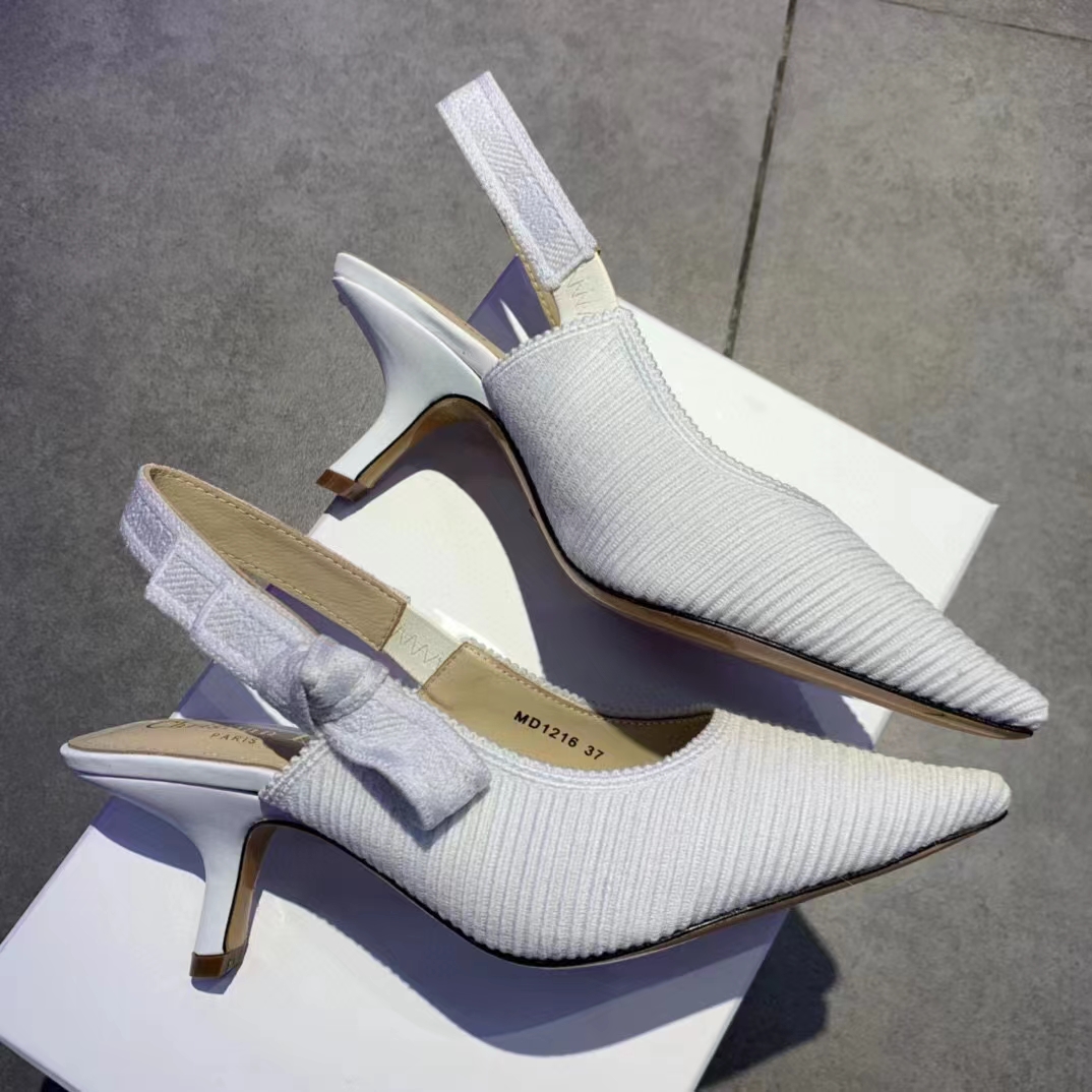 Dior Women CD J’Adior Slingback Pump White Cotton Embroidery Flat Bow