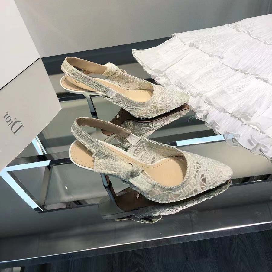 Dior Women CD J’Adior Slingback Pump White Macramé Embroidered Cotton