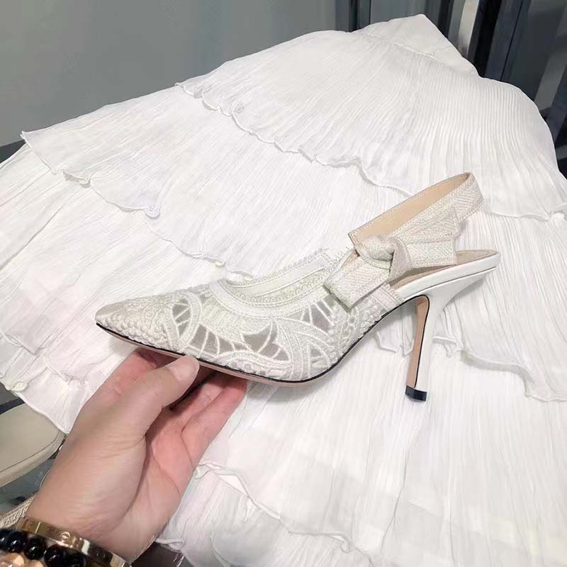 Dior Women CD J’Adior Slingback Pump White Macramé Embroidered Cotton 6.5 Cm Heel