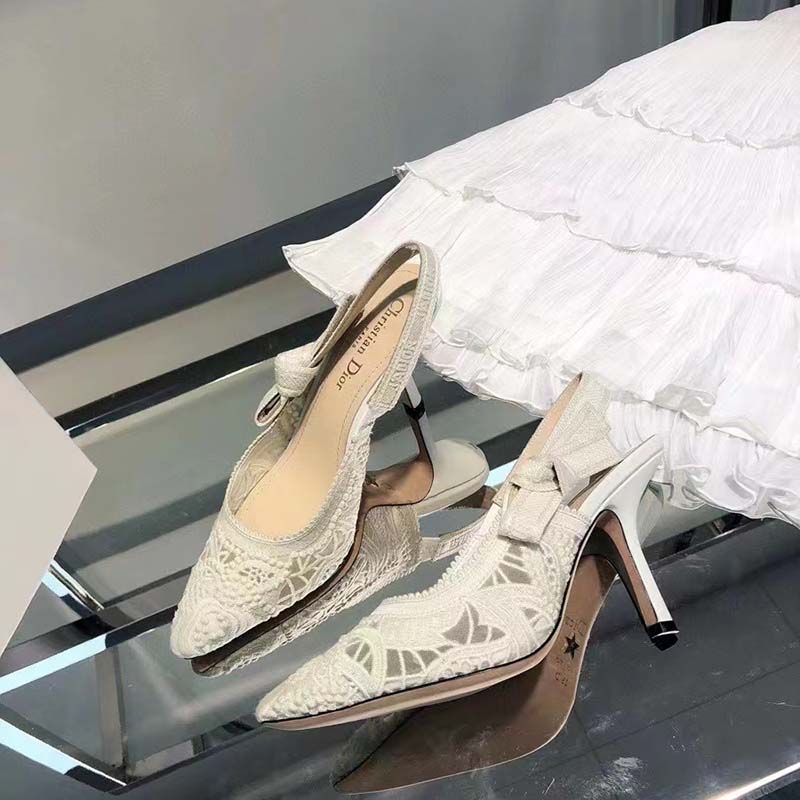 Dior Women CD J’Adior Slingback Pump White Macramé Embroidered Cotton