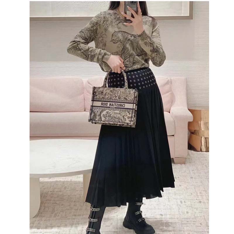 Dior Women CD Medium Book Tote Brown Toile De Jouy Embroidery