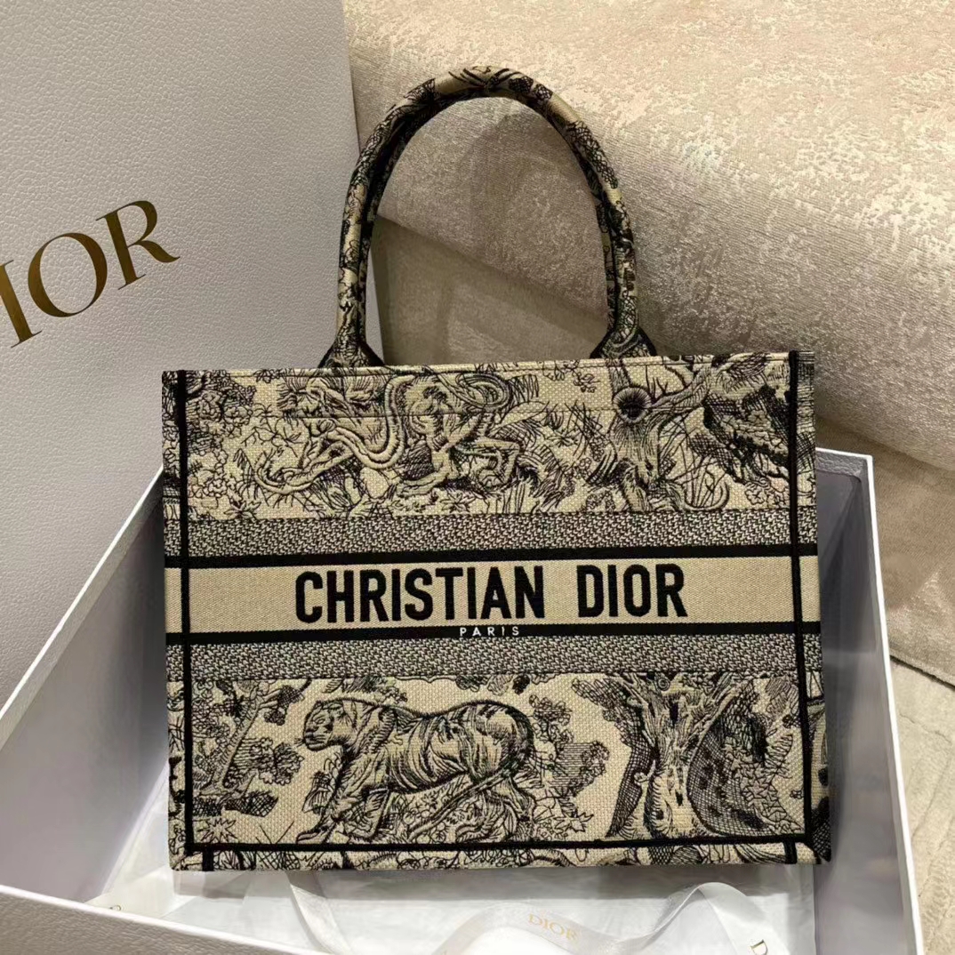 Dior Women CD Medium Book Tote Brown Toile De Jouy Embroidery