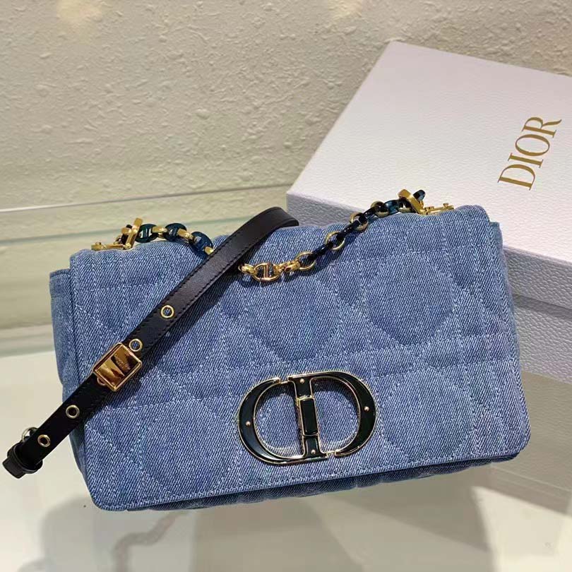 Dior Women CD Medium Dior Caro Bag Bright Blue Macrocannage Denim