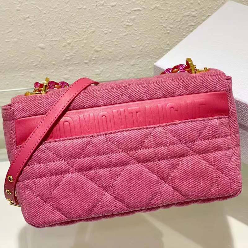 Dior Women CD Medium Dior Caro Bag Bright Pink Macrocannage Denim