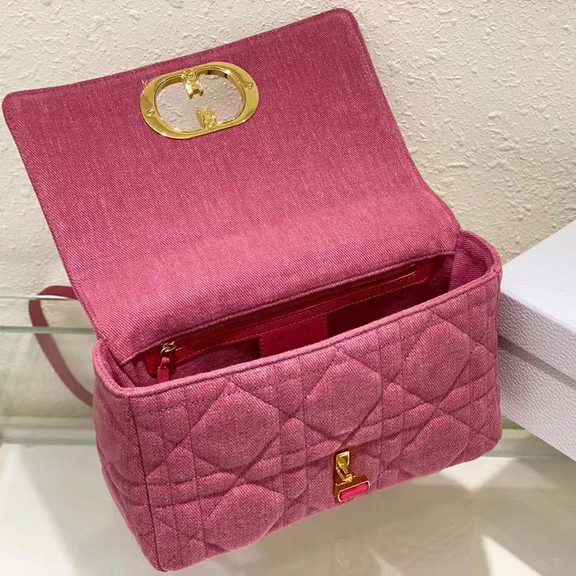 Dior Women CD Medium Dior Caro Bag Bright Pink Macrocannage Denim