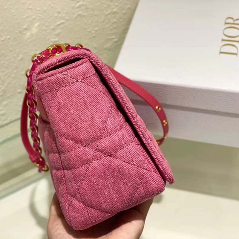Dior Women CD Medium Dior Caro Bag Bright Pink Macrocannage Denim