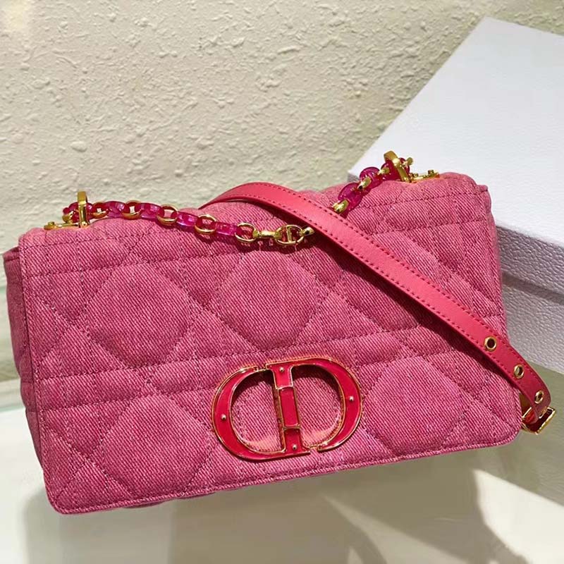 Dior Women CD Medium Dior Caro Bag Bright Pink Macrocannage Denim