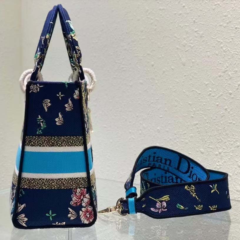 Dior Women CD Medium Lady D-Lite Bag Blue Multicolor D-Constellation Embroidery