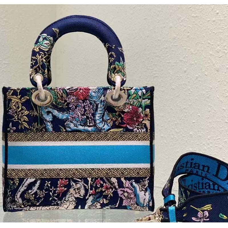 Dior Women CD Medium Lady D-Lite Bag Blue Multicolor D-Constellation Embroidery