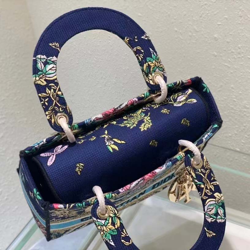 Dior Women CD Medium Lady D-Lite Bag Blue Multicolor D-Constellation Embroidery