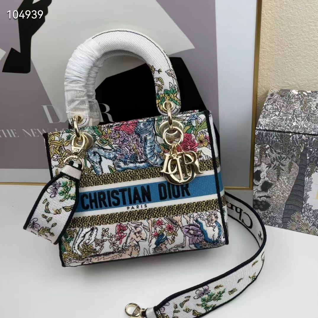 Dior Women CD Medium Lady D-Lite Bag Latte Multicolor D-Constellation Embroidery