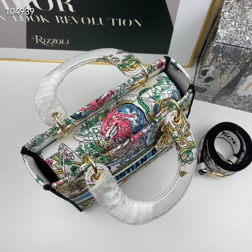 Dior Women CD Medium Lady D-Lite Bag Latte Multicolor D-Constellation Embroidery