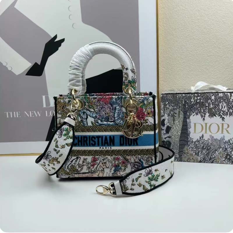 Dior Women CD Medium Lady D-Lite Bag Latte Multicolor D-Constellation Embroidery