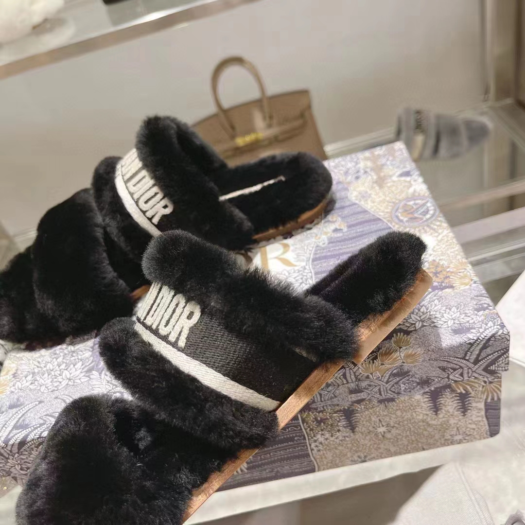 Dior Women CD Shoes Chez Moi Slide Black Embroidered Cotton Black Shearling