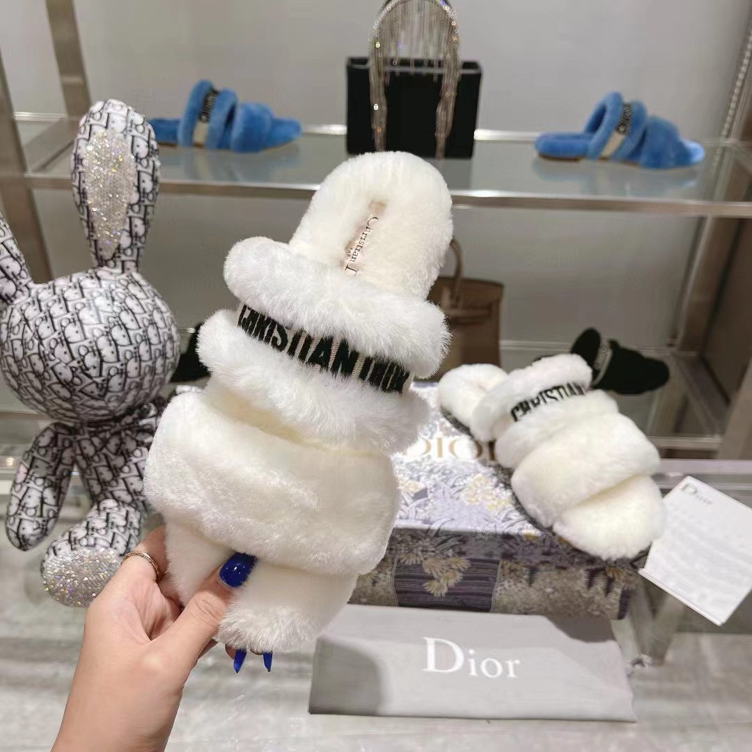 Dior Women CD Shoes Chez Moi Slide Black Embroidered Cotton White Shearling