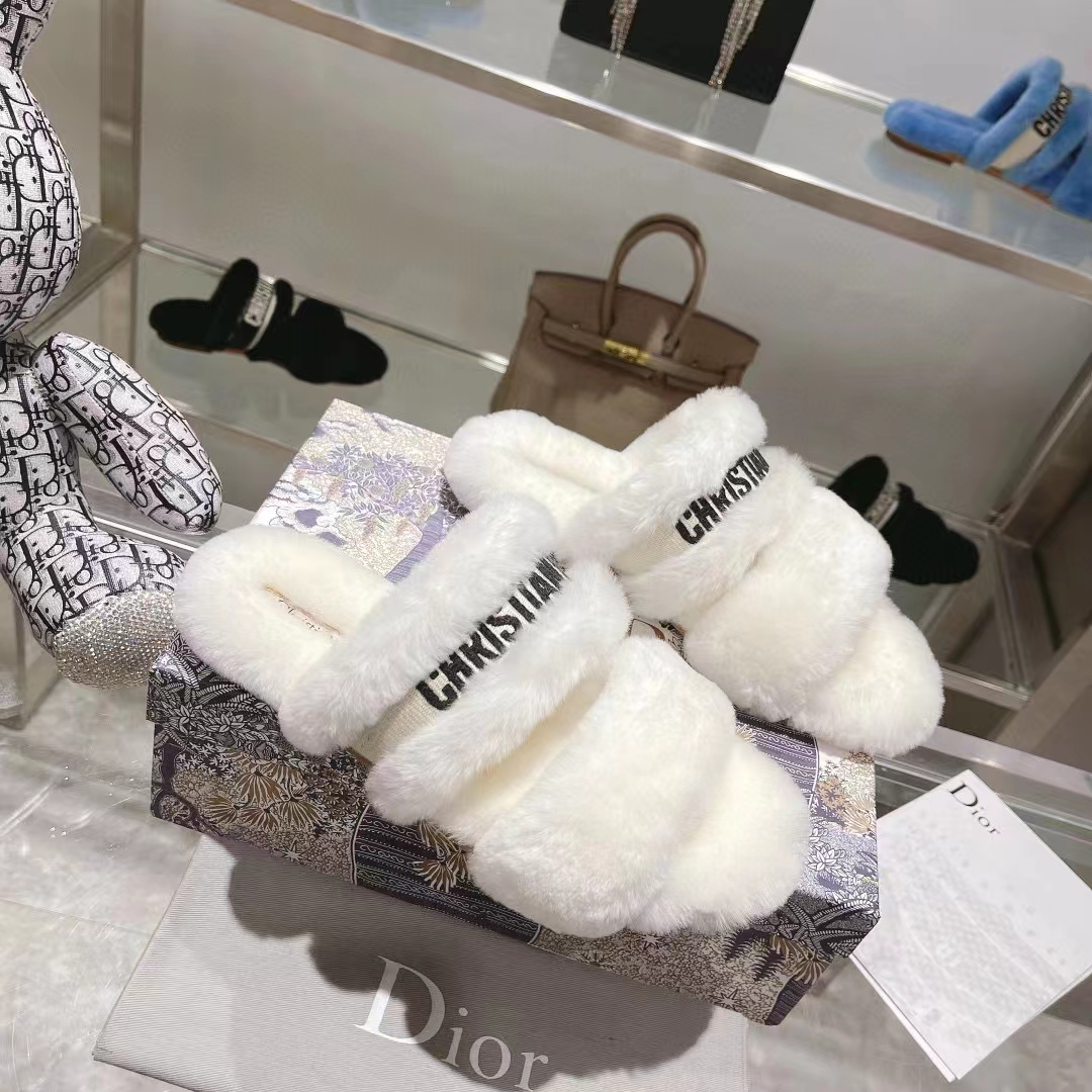 Dior Women CD Shoes Chez Moi Slide Black Embroidered Cotton White Shearling