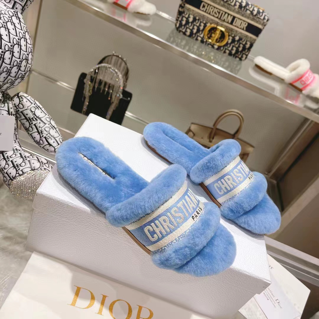 Dior Women CD Shoes Chez Moi Slide Bright Blue Embroidered Cotton Shearling