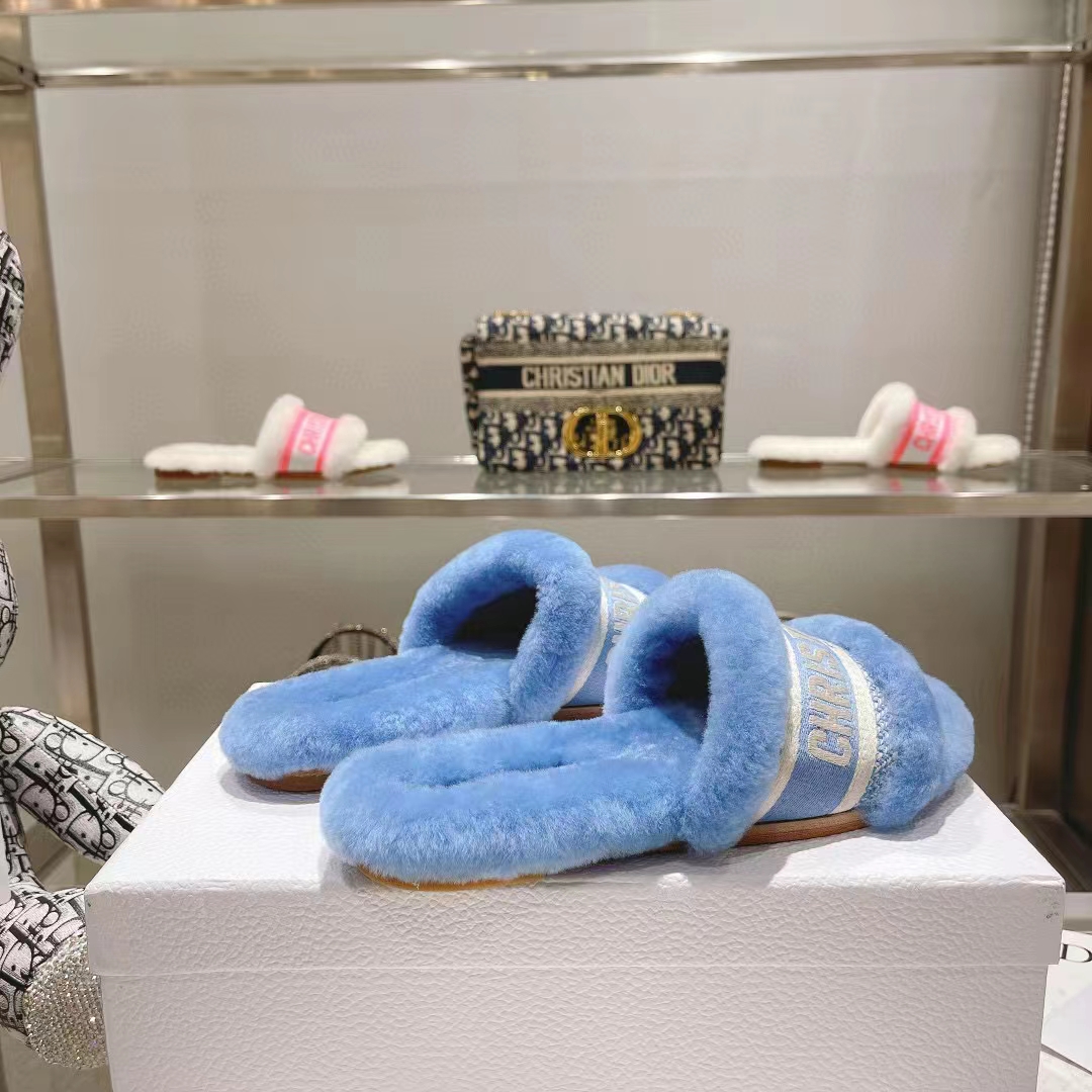 Dior Women CD Shoes Chez Moi Slide Bright Blue Embroidered Cotton Shearling