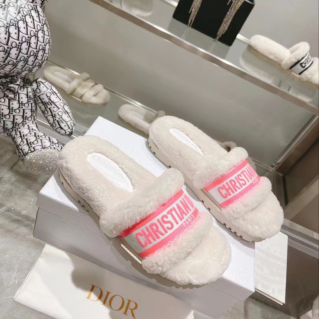 Dior Women CD Shoes Chez Moi Slide Bright Pink Cotton Embroidery White Shearling