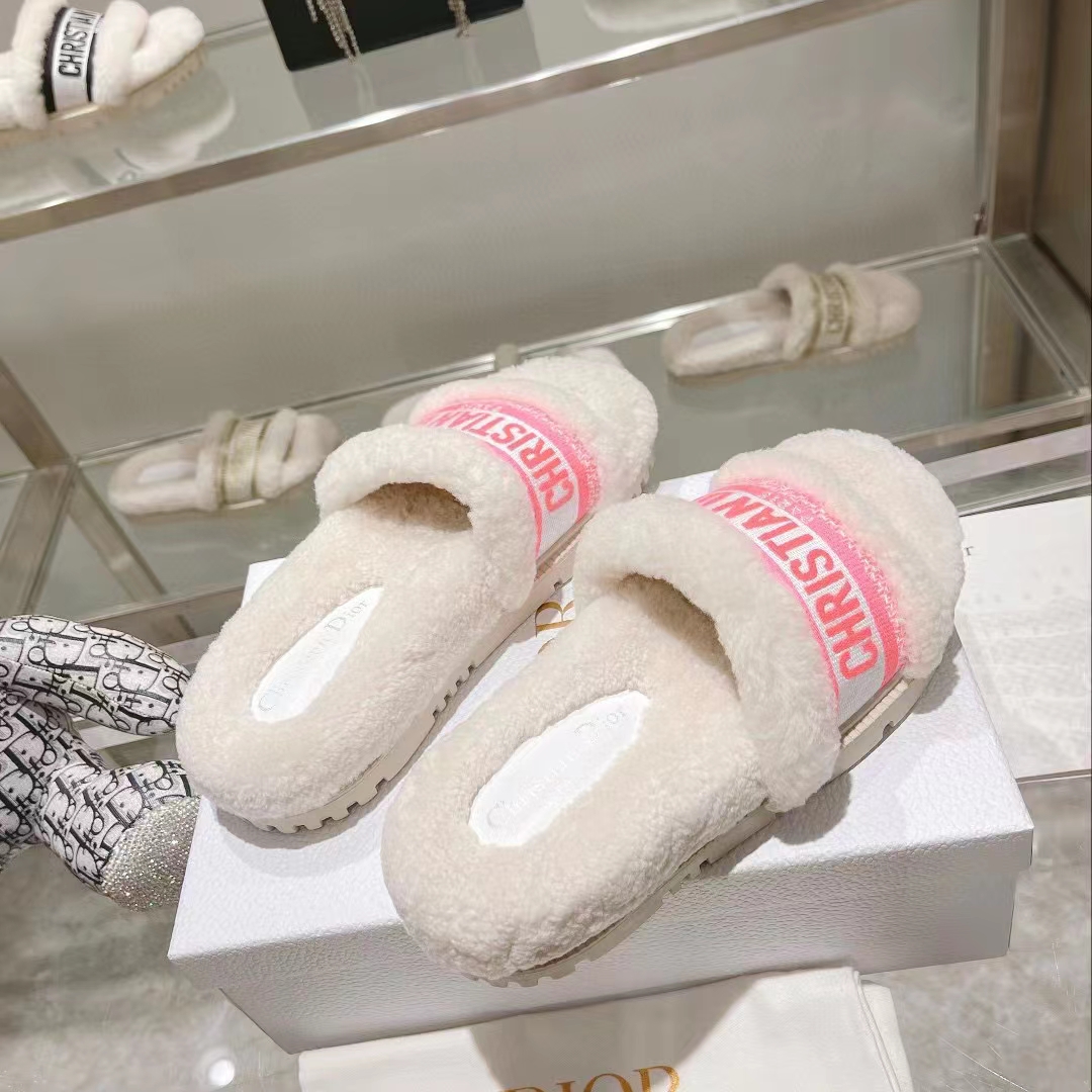 Dior Women CD Shoes Chez Moi Slide Bright Pink Cotton Embroidery White Shearling