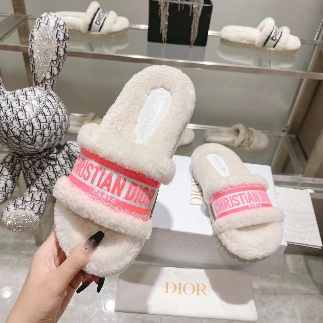 Dior Women CD Shoes Chez Moi Slide Bright Pink Cotton Embroidery White Shearling