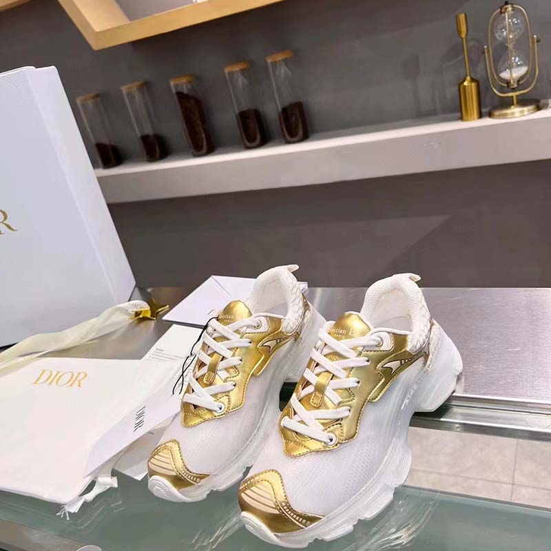 Dior Women CD Shoes Dior Vibe Sneaker White Mesh Gold Tone Technical Fabric