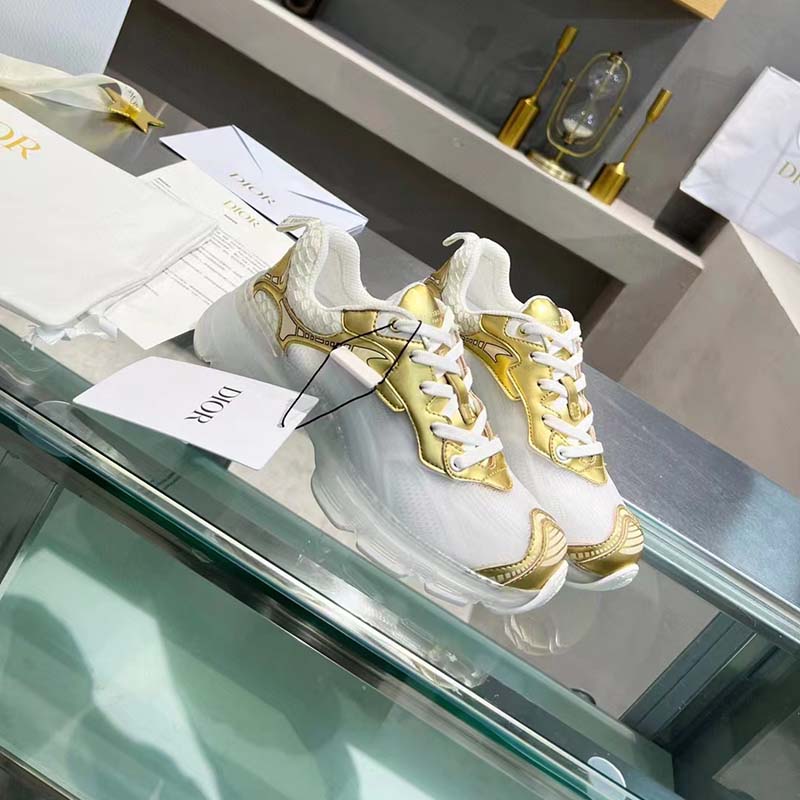 Dior Women CD Shoes Dior Vibe Sneaker White Mesh Gold Tone Technical Fabric
