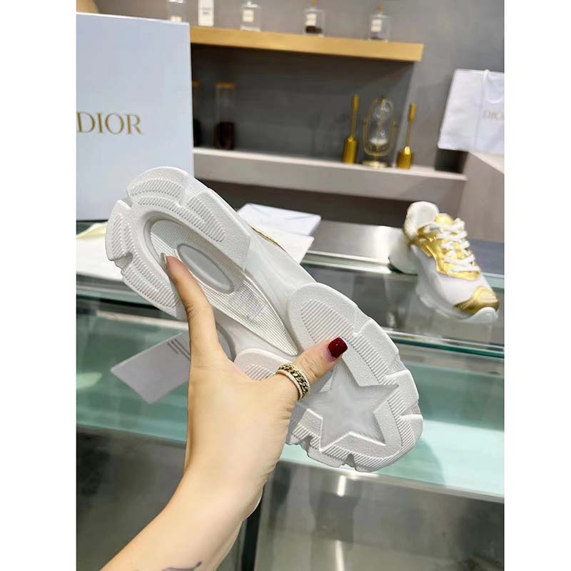 Dior Women CD Shoes Dior Vibe Sneaker White Mesh Gold Tone Technical Fabric