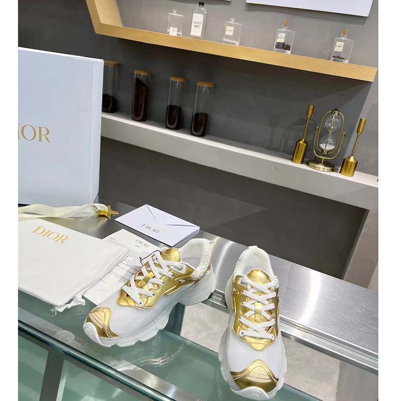 Dior Women CD Shoes Dior Vibe Sneaker White Mesh Gold Tone Technical Fabric