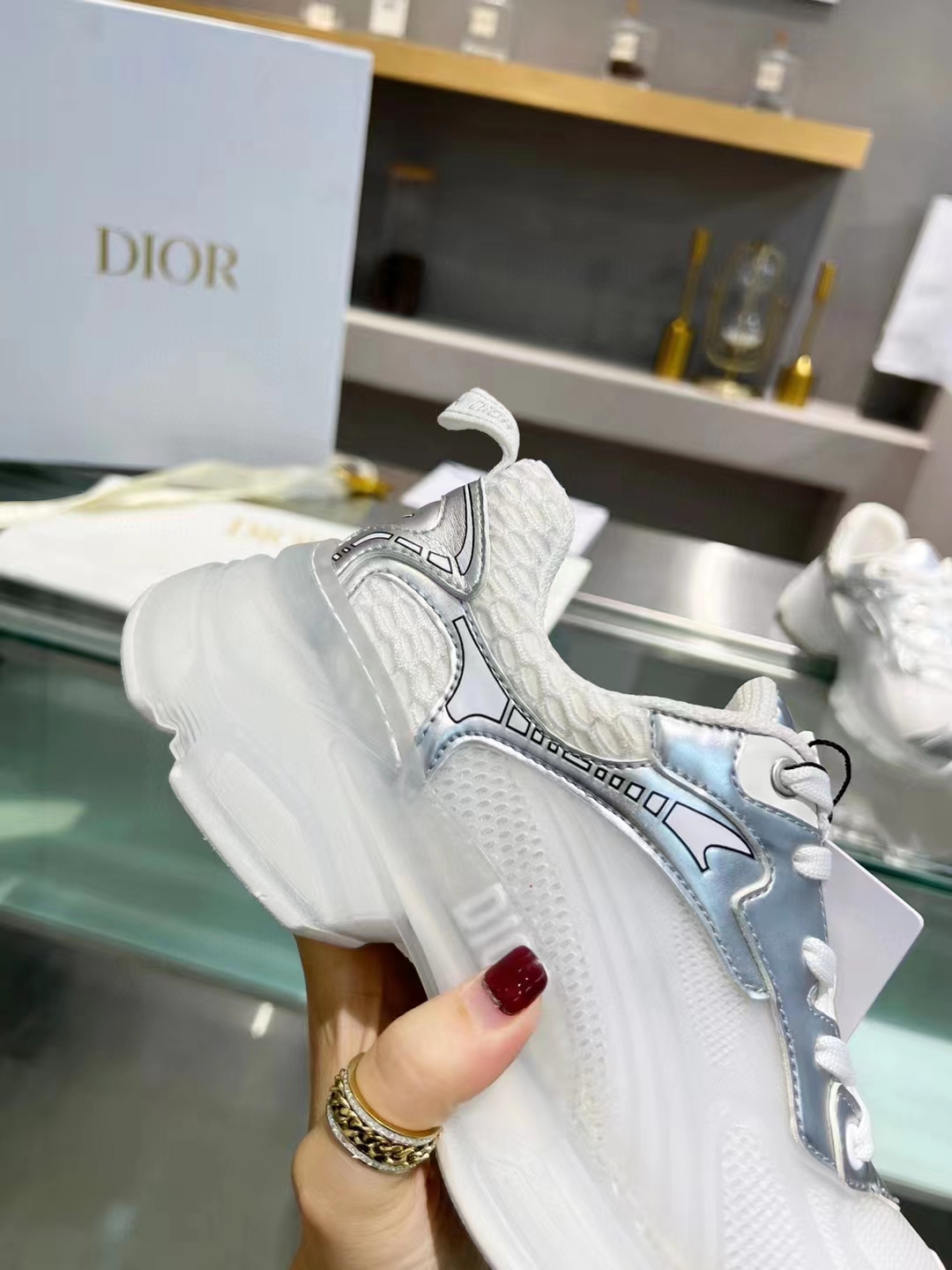 Dior Women CD Shoes Dior Vibe Sneaker White Mesh Silver Tone Technical Fabric