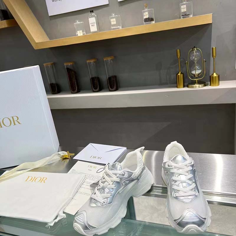 Dior Women CD Shoes Dior Vibe Sneaker White Mesh Silver Tone Technical Fabric