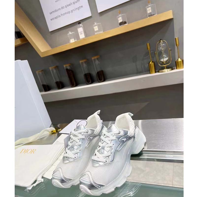 Dior Women CD Shoes Dior Vibe Sneaker White Mesh Silver Tone Technical Fabric
