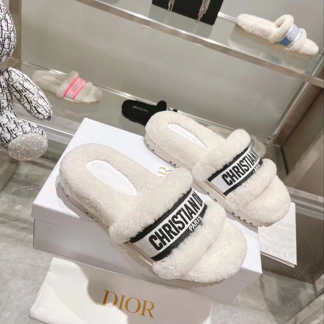 Dior Women CD Shoes Dway Slide Black Embroidered Cotton Honey Shearling