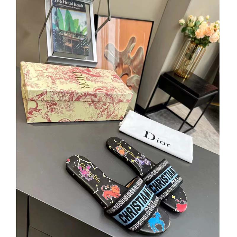 Dior Women CD Shoes Dway Slide Black Multicolor Embroidered Cotton Pixel Zodiac Motif