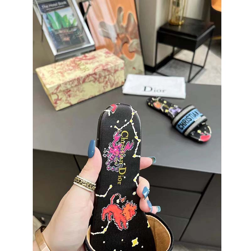 Dior Women CD Shoes Dway Slide Black Multicolor Embroidered Cotton Pixel Zodiac Motif