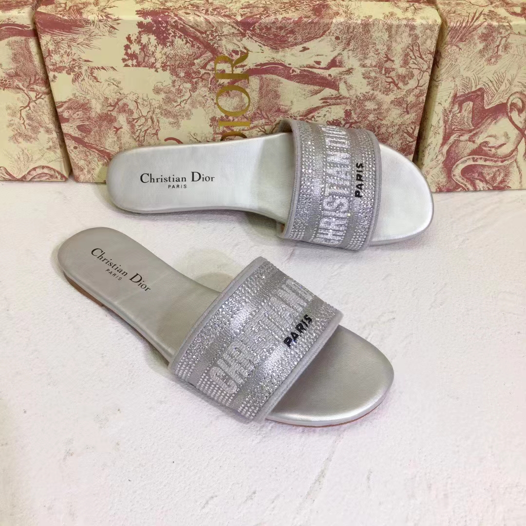Dior Women CD Shoes Dway Slide Cotton Metallic Thread Embroidery Silver Tone Strass
